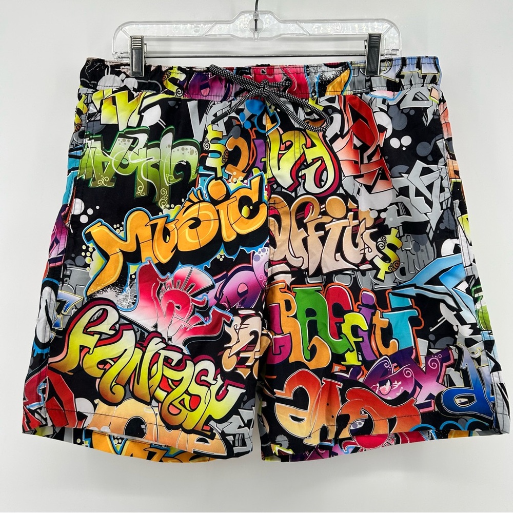 Fashion Nova Men's Big Beach Graffiti Print Swim Trunks Sz L Volley Bathing‎ NWT